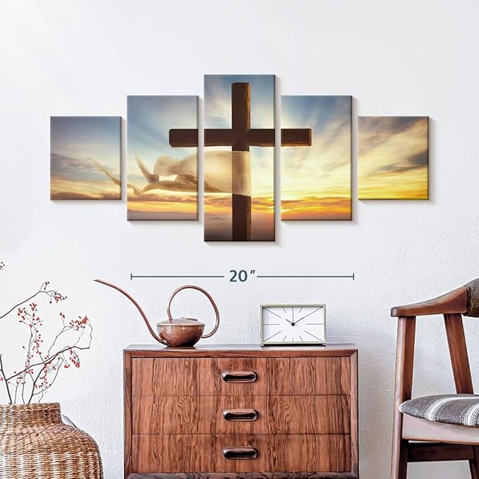 Elephant Stock Holy Cross Wall Art Multi Piece Canvas - 5 Panel Christian Pictures Decor - Digital Design Canvas Print - Christian Wall Decor - 36" X 15"