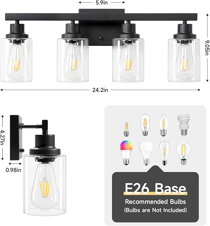 4-Light Bathroom Vanity Light, Modern Matte Black Wall Sconce Lighting with Clear Glass Shade, Bathroom Lighting Fixtures Over Mirror,Vintage Wall Mounted Lamps for Mirror Bedroom,Living Room