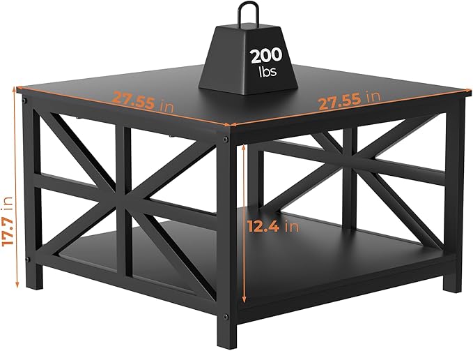 GreenForest Modern Living Room Coffee Table with 2 Tier Storage, Small Square Wood and Metal Farmhouse Center Table with Seamless One-Piece Tabletop, 27.55 Inch, Black
