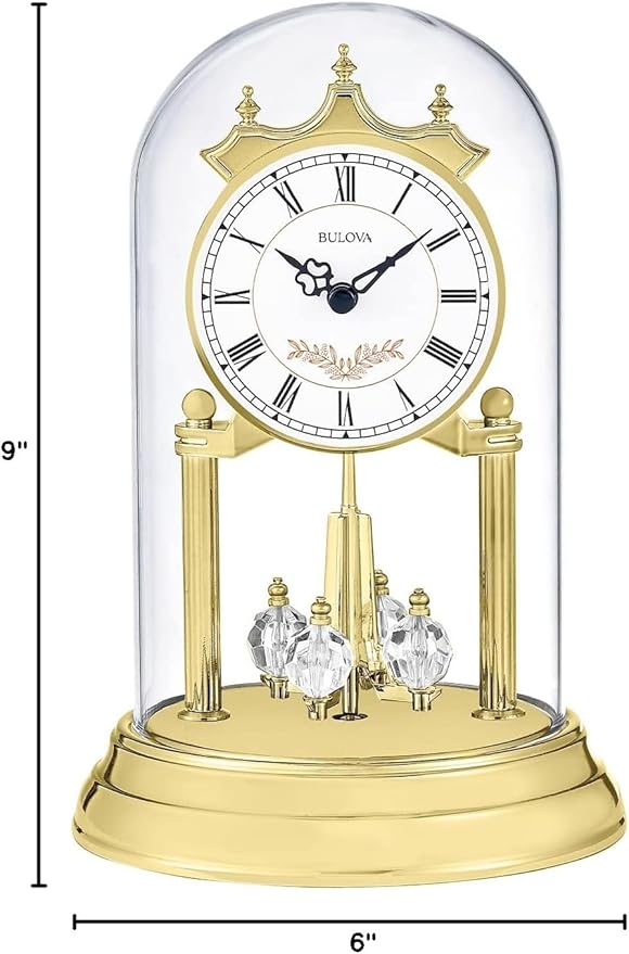 Bulova B8821 Heather Anniversary Clock | 9" Glass Dome Design | Rotating Crystal Pendulum | Westminster Chime | Engraving Plate