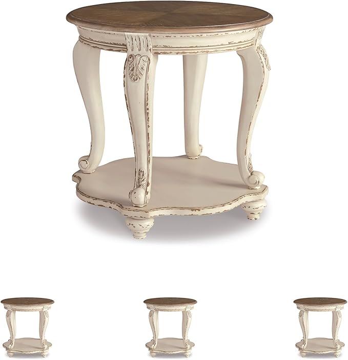 Signature Design by Ashley Realyn Cottage Style Round End Table, Fixed Lower Shelf, Antiqued 2-tone, Finish, Wood, 26" W x 26" D x 25.88" H, White and Brown