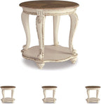 Signature Design by Ashley Realyn Cottage Style Round End Table, Fixed Lower Shelf, Antiqued 2-tone, Finish, Wood, 26" W x 26" D x 25.88" H, White and Brown