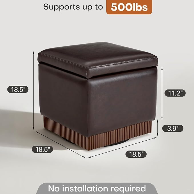 Swivel Storage Ottoman with Hidden Compartment, Square Faux Leather Footstool, Solid Acacia Wood Frame, 500 lbs Capacity, No Assembly Required, for Living Room & Bedroom