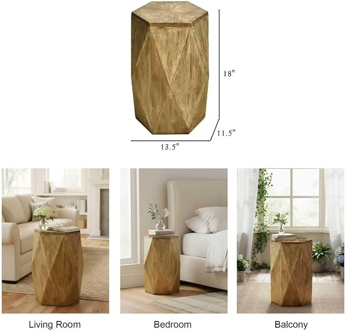 Fully Assembled Round Side Table with Gold Geometric Design & Wave Pattern, Solid Wood End Table Nightstand for Living Room, Bedroom, Office, 18 Inch (Geometric Natural Wood)
