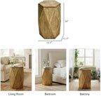 Fully Assembled Round Side Table with Gold Geometric Design & Wave Pattern, Solid Wood End Table Nightstand for Living Room, Bedroom, Office, 18 Inch (Geometric Natural Wood)
