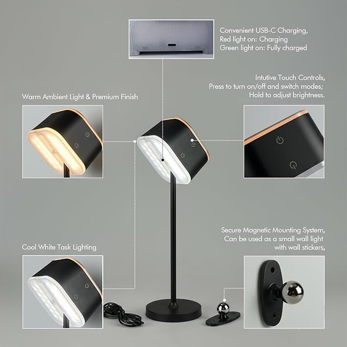 2 Pack Dual-Tone Rechargeable Cordless Desk Lamp – Black Portable Table Light, Type-C Charging Table lamp, Touch Control, 3 Color Temps, Stepless Dimming for Reading Study Bedside