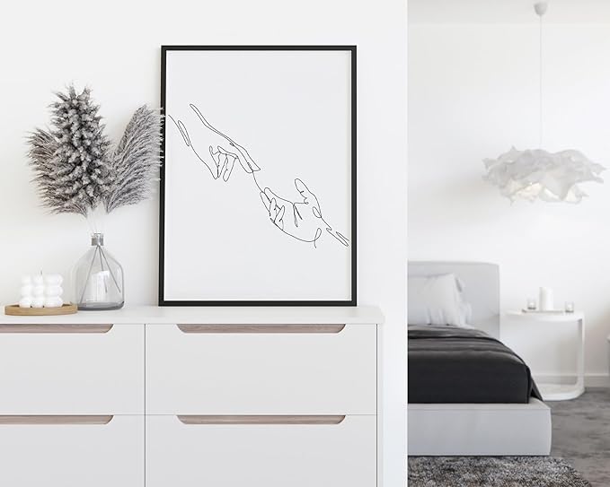 Minimalist Reaching Hands Wall Art Continuous Line Drawing Connection Symbol 12x16 Inch Oak Wood Black Framed Aesthetic Modern Decor Print for Bedroom Living Room