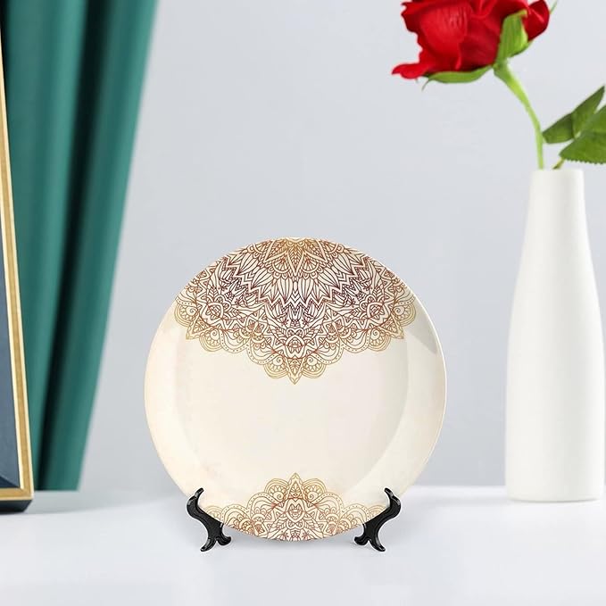 7 Inch Decorative Plate, Victorian Tableware Plate, Artistic Oriental Vintage Henna Style Mandala Print Ceramic Display Plate for Decorative Ornaments Giving Plates, 1 Plate with 1 Display Stand