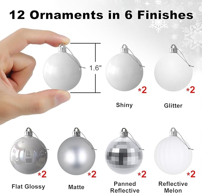White & Silver 1.6" Small Christmas Balls Christmas Tree Decoration Ornaments Shatterproof Hanging Balls for Birthday Halloween Holiday Wedding Decorations Set of 12pcs