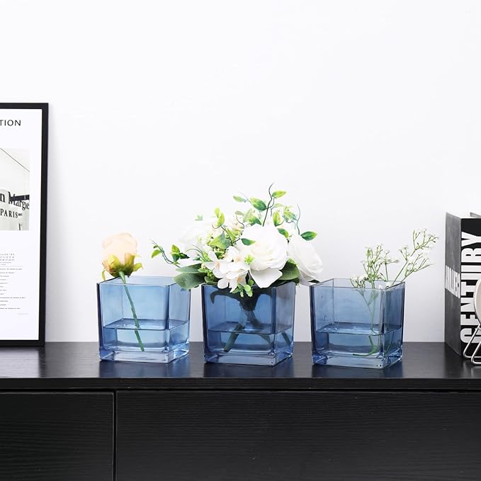 Square Glass Vases Set of 6, 4" x 4" x 4" Square Flower Vases for Centerpieces, Blue Vase for Flowers, Small Vase for Wedding, Party, Home Office Decoration