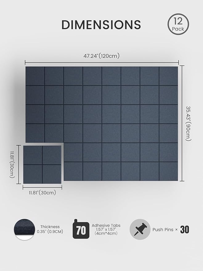 Bumusty Large Felt Bulletin Board, 48" x 36" Cork Board Alternative, 12-Pack Wall Tiles with 4-Compartment Design, 30 Push Pins, 70 Adhesive Tabs, Ideal for Office & Home Decor, Deep Charcoal Blue
