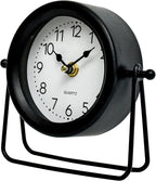 Small Black Desk and Shelf Clock, 5.9*6.9 Inch Retro Elegant Tabletop Clock with Glass Cover, Silent Non-Ticking Battery Operated Decorative Clock for Living Room, Office, Bedroom, Gift Idea
