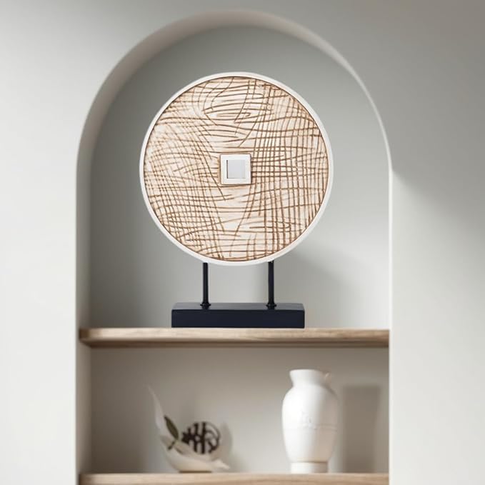 Unique Round Coin Sculpture Decorative Objects for Shelf Home Decor Accents, Modern Abstract Tabletop Decor Items for Living Room Fireplace Mantel, Above Cabinet (Vintage White)