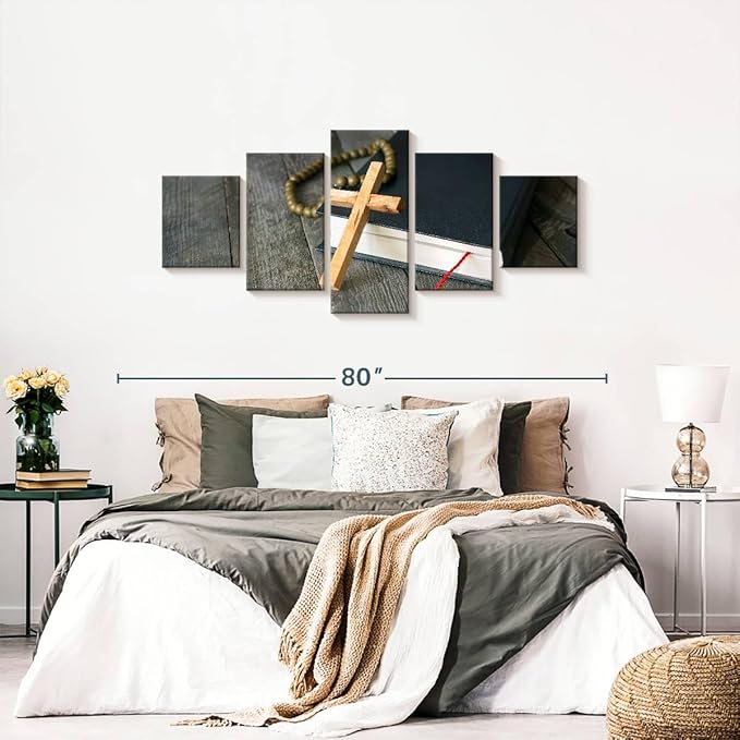 Elephant Stock Cross Canvas - 5 Panel Christian Pictures Decor - Canvas Print Wall Decor - Christian Cross Wall Art - 68" X 30"
