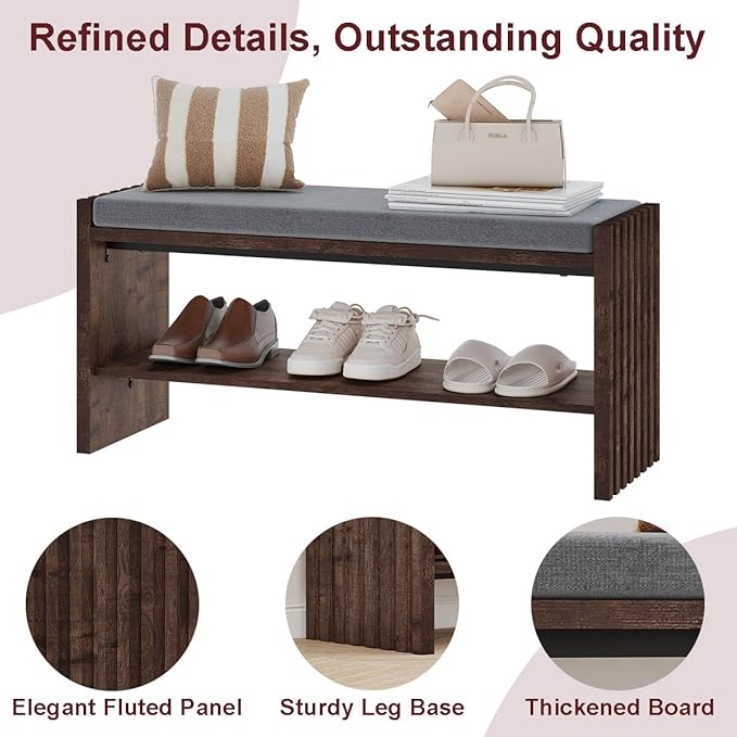 BON AUGURE 40" Storage Bench with Plush Cushion & 2-Tier Organizer, Modern Entryway Ottoman Bench for Hallway, Mudroom, Bedroom (Rustic Oak)