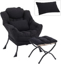 Lazy Chair with Ottoman, Modern Accent Chair with Lumbar Pillow, Black Sofa, Lounge Chairs with Folding Footrest, Oversized Supportive Chairs for Bedroom, Reading