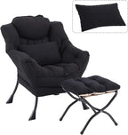 Lazy Chair with Ottoman, Modern Accent Chair with Lumbar Pillow, Black Sofa, Lounge Chairs with Folding Footrest, Oversized Supportive Chairs for Bedroom, Reading