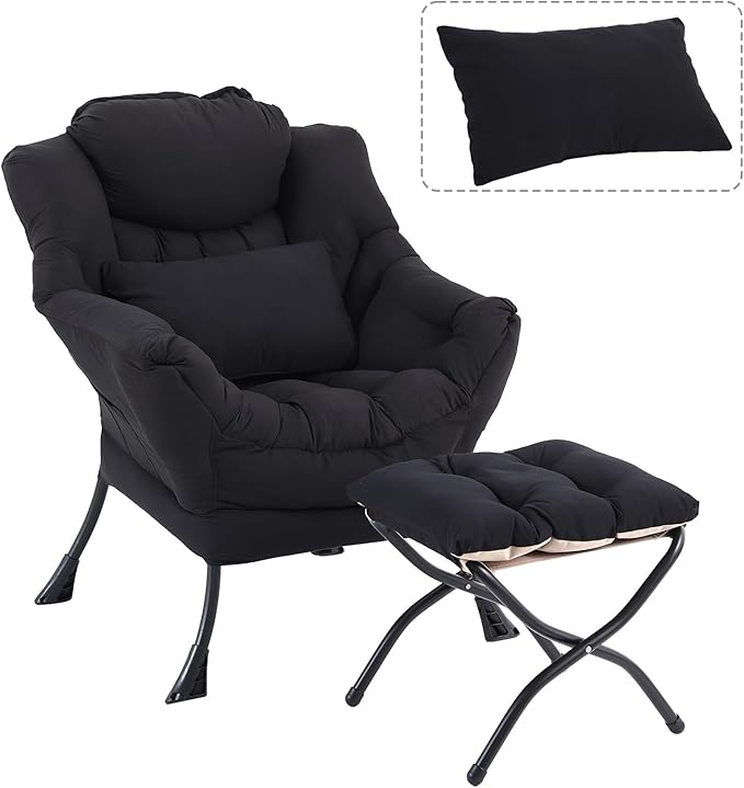 Lazy Chair with Ottoman, Modern Accent Chair with Lumbar Pillow, Black Sofa, Lounge Chairs with Folding Footrest, Oversized Supportive Chairs for Bedroom, Reading