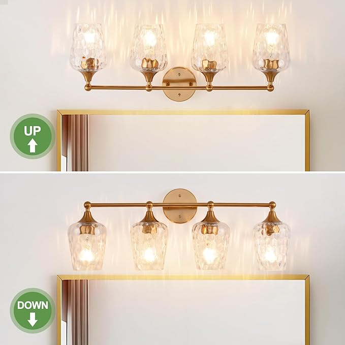 28.46in Modern Bathroom Light Fixtures, 4 Light Vanity Light, Rippled Glass Shade Gold Wall Lamp, Bathroom Wall Sconce Lamp for Mirror Living Room Bedroom Hallway
