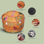 Aakriti Gallery Indian Pouf Footstool Ethnic Embroidered Pouf Cover, Indian Cotton Round Pouffe Ottoman Pouf Cover Pillow Ethnic Decor Art - Cover Only (Orange, 22x14)