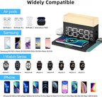 IHAO 6in1 Smart Alarm Clock with Wireless Charger RGB Mood Light 15W Fast Wireless Charging for All Qi Phone TWS Headphone Compliant with i-Watch 7 Color Night Light Large Digital Display-Black