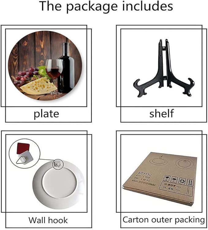 Ceramic Display Plate, Wine Ceramic Hanging Decorative Plate, Red Wine Cabernet Bottle and Glass Cheese and, 6 Inch, Living Room Kitchen Decoration Household, Brown Burgundy Cream
