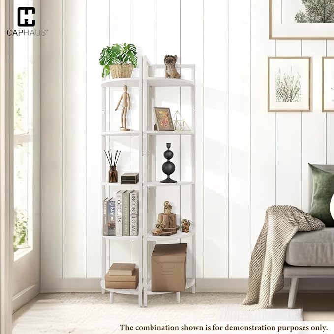 CAPHAUS 5-Tier Corner Shelf, Tall 59.1-Inch White Metal Frame Display Rack, Bookshelf Unit for Bathroom, Living Room, Home, Office