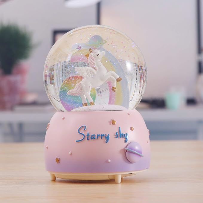 Unicorn Music Snowball, 3.94 Inch Automatic Snowfall Music Box, with LED Rainbow Snow Lights, Birthday, Christmas, Ideal Gift for Girls