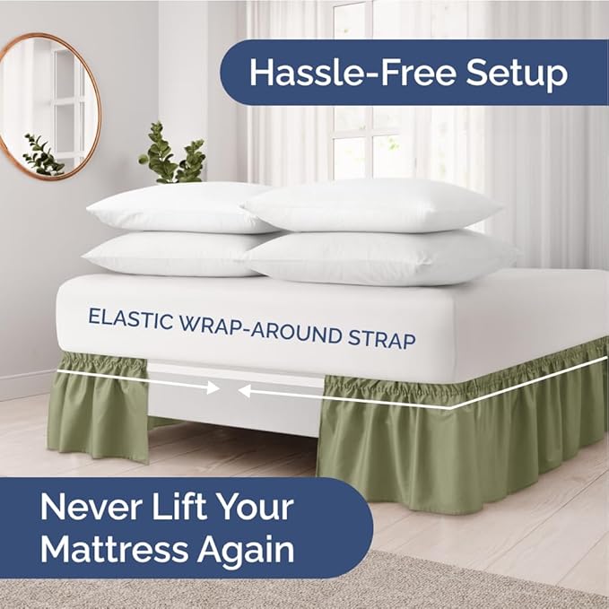 Wrap Around Dust Ruffle Bed Skirt - Sage Green - for Full Size Beds with 15 Inch Drop - Elastic Strap - Adjustable Pleated Bedskirt with Brushed Fabric and Wrinkle Free - for Women, Men, Kids & Teens