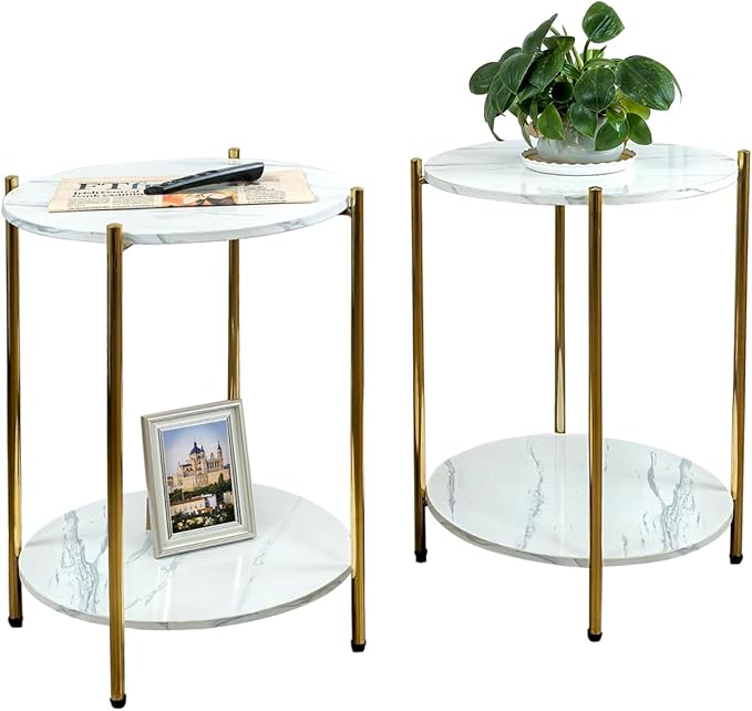 Small Round Side Table, 2-Tier Faux Marble and Gold End Table for Small Spaces,Set of 2 Modern Side Table for Couch, Living Room or Bedroom Nightstand (2 pcs Gold, Round)