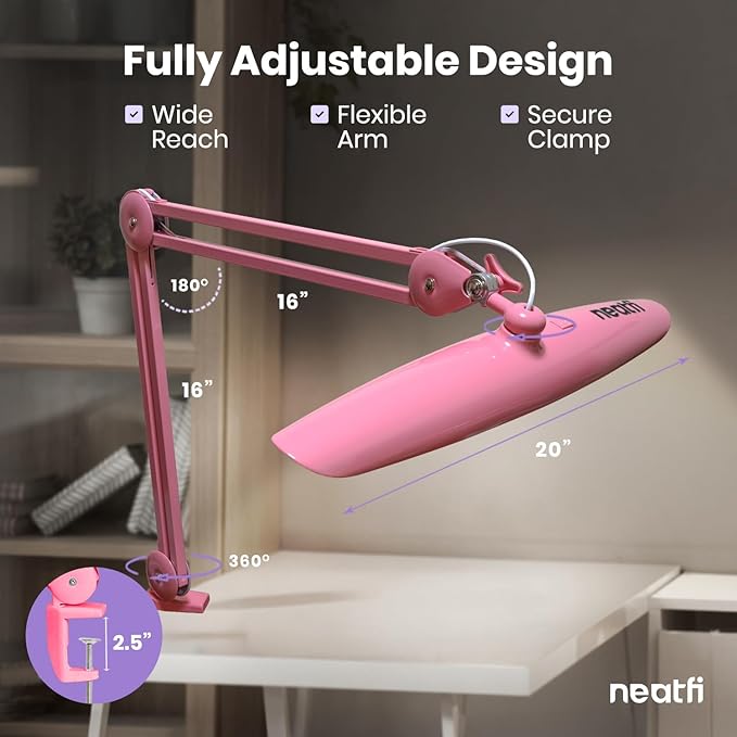 Neatfi XL Nail Desk Lamp with Clamp, 2200 Lumens, 20-Inch Wide Head, Dimmable 4 Levels, 6500K, LED Task Light for Manicure Table, Crafts, Workbench, Office (Non-CCT, Pink)