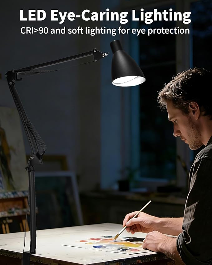 Metal LED Desk Lamp for Home Office, Extra Tall Swing Arm Architect Desk Lamp with Clamp, 5 Color Modes 10 Brightness Task Lamps, Adjustable Gooseneck Clip-on Table Light for Reading Home Work Study