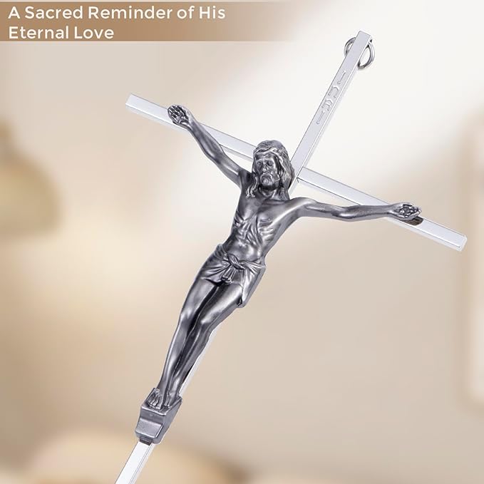 ACHIBANG 10" Silver Crucifix Wall Cross – Catholic Metal Cross with Jesus & INRI for Wall or Over-the-Door Blessing