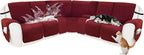Recliner Sofa Covers 100% Waterproof Velvet L Shape Recliner Couch Covers for Dogs Pets Washable Anti Slip Recliner Slipcovers with Pockets (5 Seat Sofa with 2 Console, Wine Red)