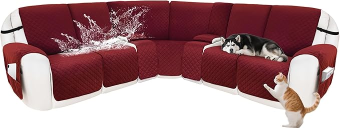 Recliner Sofa Covers 100% Waterproof Velvet L Shape Recliner Couch Covers for Dogs Pets Washable Anti Slip Recliner Slipcovers with Pockets (5 Seat Sofa with 2 Console, Wine Red)