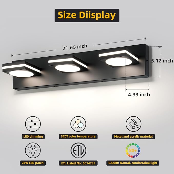 OKELI Bathroom Light Fixtures, Matte Black Vanity Light Modern LED Acrylic Lighting Fixtures, Bathroom Accessories Dimmer Lamps, 3CCT, 22-inch