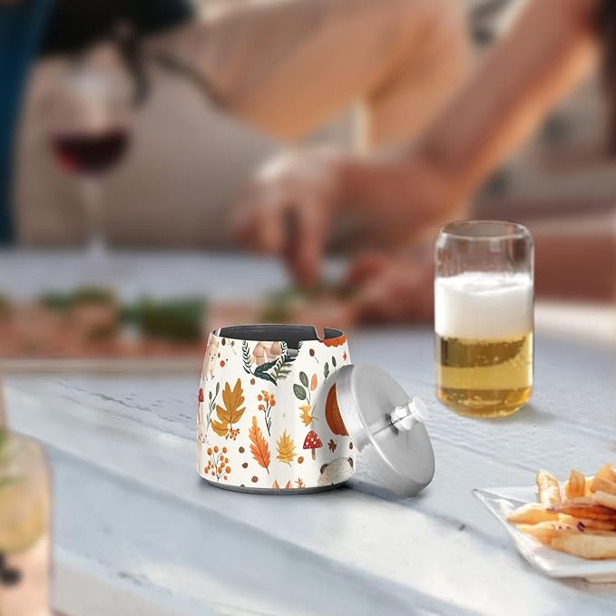 Mushrooms Fox Autumn Pumpkin Ashtray with Lid, Outdoor Ashtrays for Patio, Stainless Steel Ashtray Odorless Smokeless for Home Office Balcony