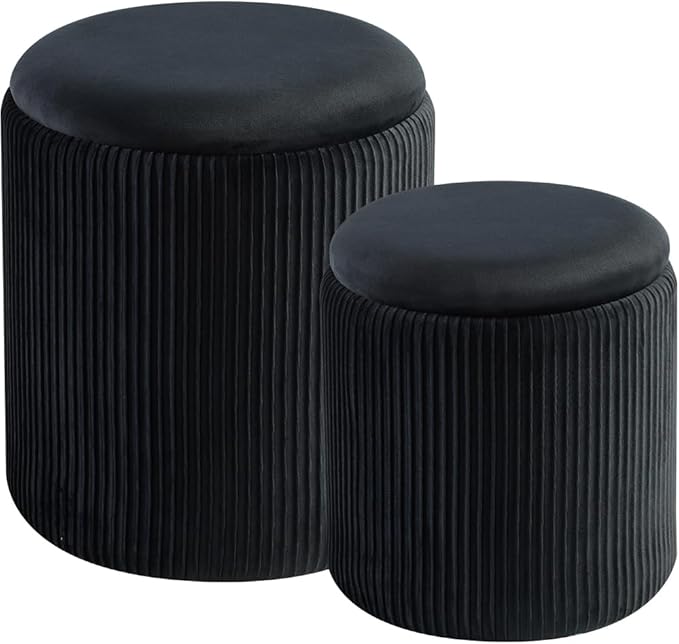 Round Set of 2 Ottoman with Storage-Upholstered Velvet Vanity Stool for MakeupMultifunctional Ottomans Coffee Table Padded Seat Foot Rest for Living Room&Bedroom (Black)
