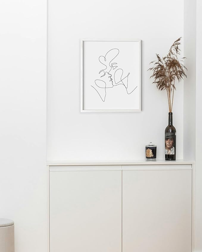 Minimalist Couple Art Wall Art Print Couple Kiss Abstract Line Drawing, Gallery Quality 8"x10" White Framed, Abstract Love Aesthetic Decor Bedroom Living Room