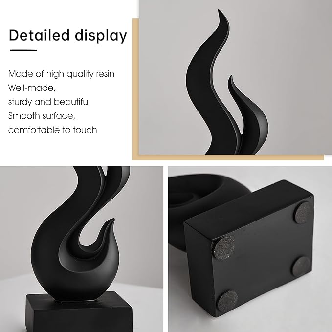 Modern Abstract Art Table Decoration, Gold Decor Flame Statue for Living Room Home, Black Shelf Decor Accents, Abstract Art Resin Sculpture for Dining Room, Office & Coffee Table Centerpiece (Black)