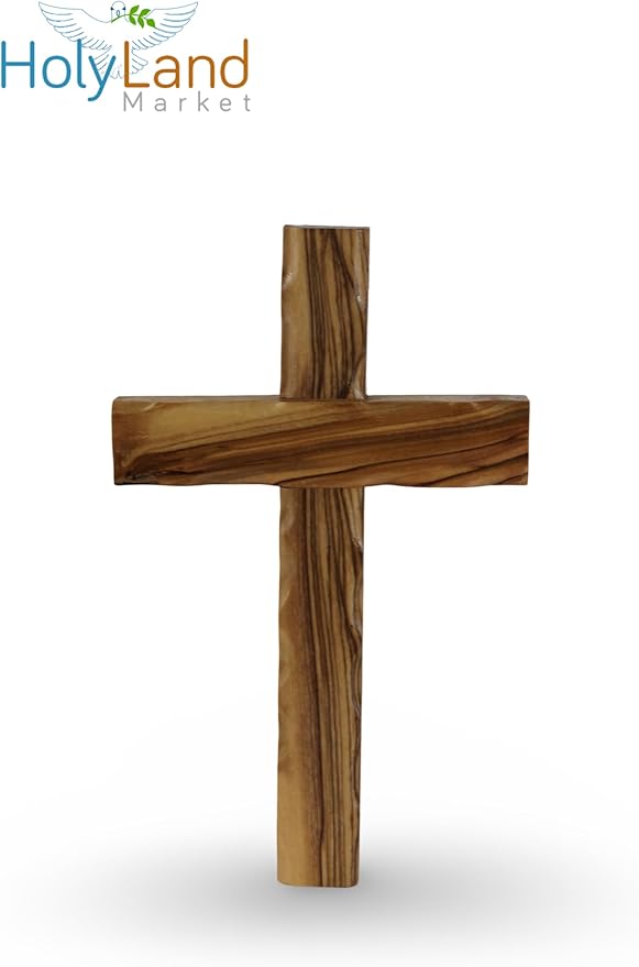 Holy Land Market Olive Wood Wall Cross - Hand Carved Wooden Crucifix with Certificate & Lord's Prayer Card, Authentic Bethlehem Christian Cross Wall Decor - 8 in