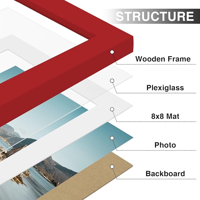 Vittanly 12x12 Picture Frames Set of 9, Shatter Resistant Plexiglass, Display 8x8 Pictures with Mat or 12x12 without Mat, Photo Frames for Wall Mount, Engineered Wood, Red