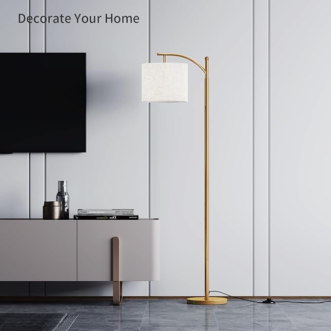 SUNMORY Arc Floor Lamp, Modern Floor Lamp with Romote Control and Stepless Dimmable Bulb, Metal Standing Lamps with Hanging Lampshade for Living Room, Bedroom, Office (Gold)