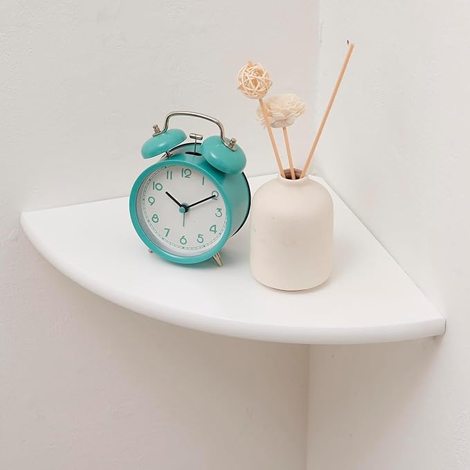 Corner Shelf, Solid Oak Wood Floating Corner Shelf Wall Mount Round End Floating Speaker Shelves with Wire Hole for Small Plant Photo Frame for Bedroom Kitchen, Living Room (White, 8.7in)