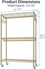 VIPEK R2 Plus Rolling Clothes Rack for Hanging Clothes Heavy Duty Garment Rack 3 Tiers Adjustable Wire Shelving Clothing Racks with Double Hanging Rods, Closet Organizers and Storage, Gold
