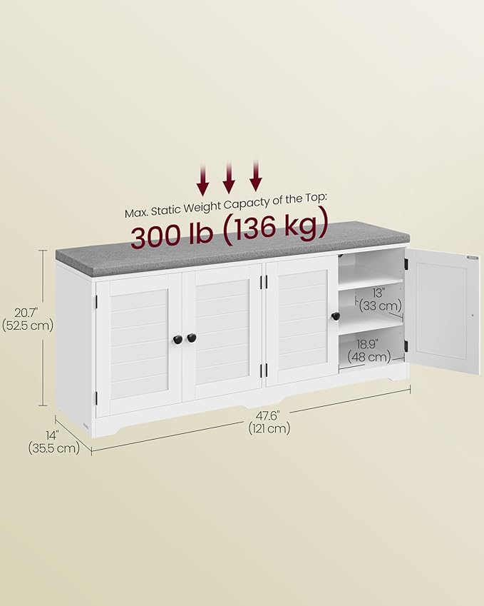 VASAGLE Shoe Storage Bench with Cushion, 3-Tier Entryway Bench with Padded Seat, Doors, Adjustable Shelves, 14 x 47.6 x 20.7 Inches, for Hallway, Bedroom, Cloud White and Dove Gray ULSB048WB01