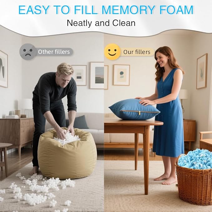 10lbs Shredded Memory Foam Filling, Blue and White Bean Bag Filler, Soft Pillow Stuffing Refill for Couch, Cushion, Dog Bed, Pouf, Arts and Crafts