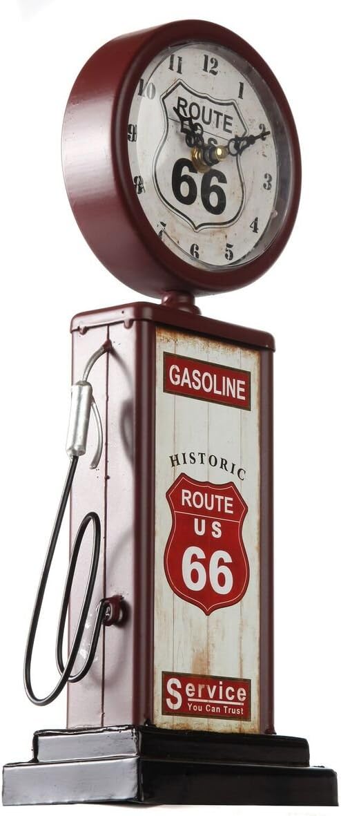 Lily's Home Old Fashioned Route 66 Gas Pump Mantle Clock, Silent-Non-Ticking with Quartz Movement, Makes an Ideal Gift for Antique Sign Collectors, Brown/Red (13 1/2" x 4 3/4")