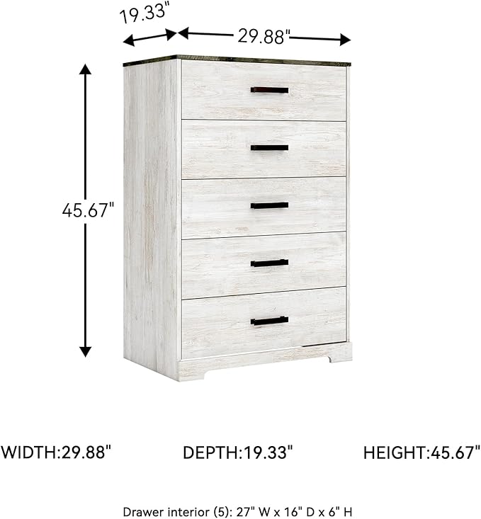 Signature Design by Ashley Shawburn Rustic 5 Drawer Chest of Smooth-Gliding Drawers and Safety Stop, White & Gray