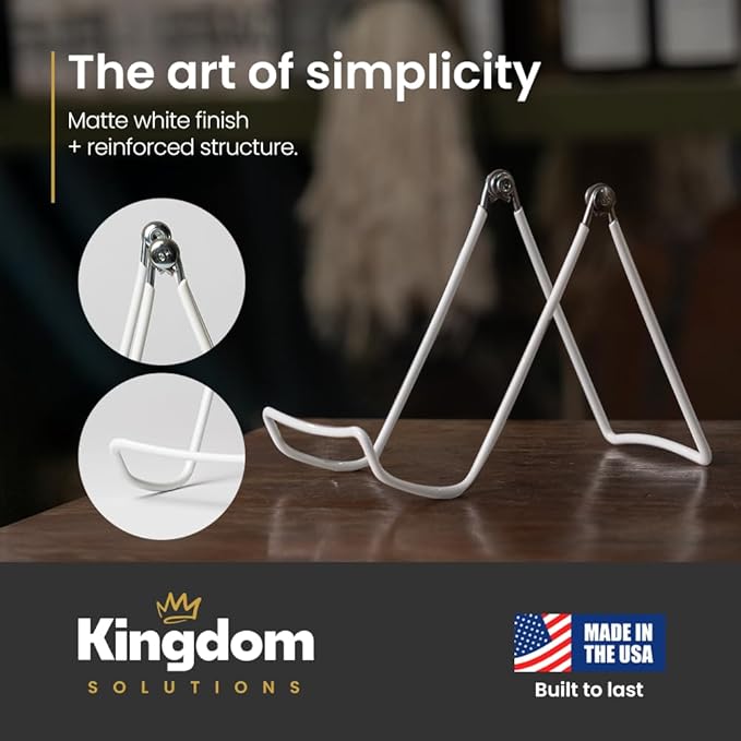 KINGDOM SOLUTIONS MADE IN USA 6-Pack Adjustable White Metal Easels - Book Stand - Sturdy Plate Stand for Art, Pictures, Books, Frames - Unique on the Market